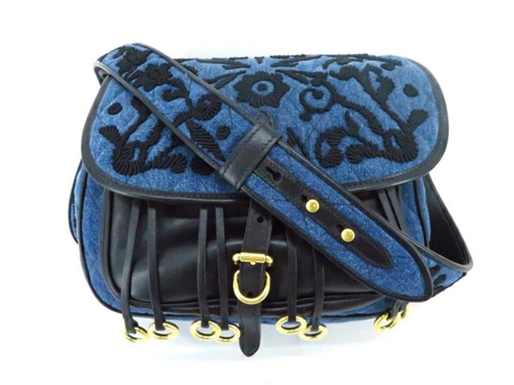 Prada Bag Shoulder Denim Blue Floral